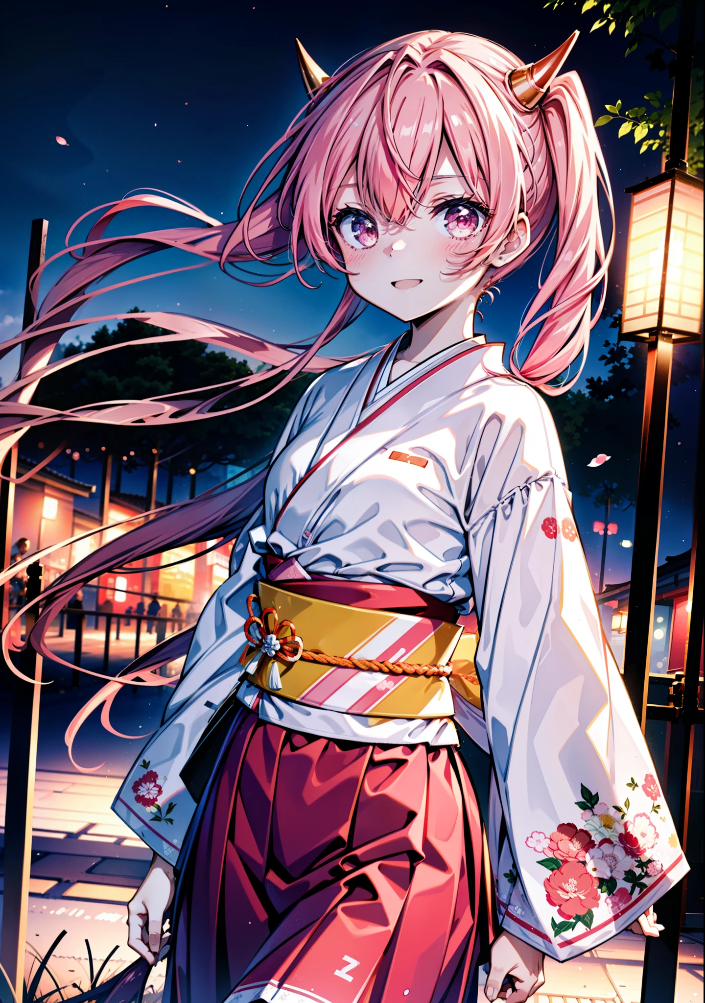 Aria h kanzaki,horn,Pink Hair,Long Hair,low 　Twin tails,小さいhorn,Red eyes,happy smile, smile, Open your mouth,pink kimono,Thick sleeves,Long skirt,日本のfestival,夏festivalの屋台,Red Lantern,night,night空のfirework,firework,場所はfirework大会,時間はnightです,sunny day,　　　　　　　　　　　　　　　  　　　　　break looking at viewer, Upper Body, (Cowboy Shot:1. 5),  　　　　　
break outdoors, festival,shrine,
break (masterpiece:1.2), Highest quality, High resolution, unity 8k wallpaper, (shape:0.8), (Beautiful attention to detail:1.6), Highly detailed face, Perfect lighting, Highly detailed CG, (Perfect hands, Perfect Anatomy),