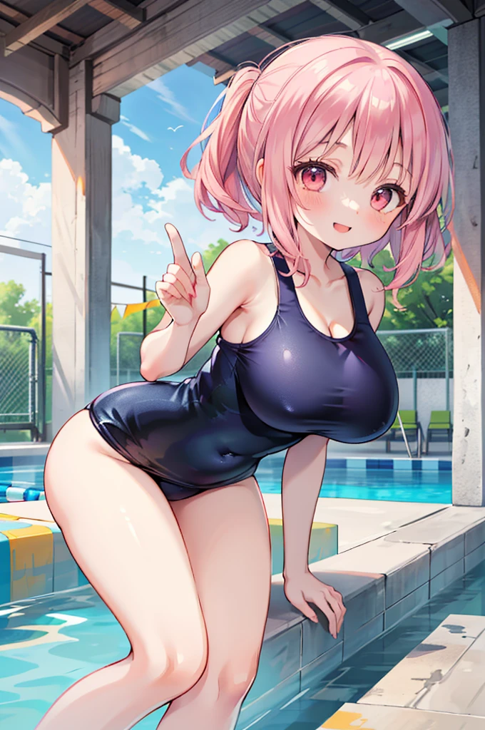 ((Masterpiece)),((high resolution)),((Best Quality)),Anime illustration,(((1girl))),,(wavy hair),(short hair),(pale pink hair color),small ponytail,Red eyes,(Big round eyes),((tareme)),,((loli face)),very big breasts)),Short stature,,one-piece swimsuit,smile,Ladylike,Pool,