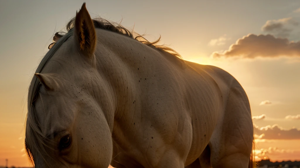SIDE VIEW OF WHITE HORSE HEAD ENLIGHTED WITH WARM ORANGE LIGHT OT SUNSET