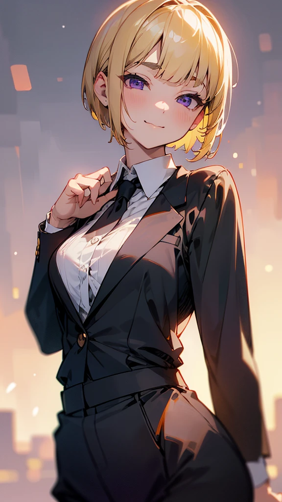 1 girl、8k、Sharp focus、(Bokeh) (Highest quality) (Detailed skin:1.3) (Intricate details) (anime)、(blonde)、short hair、Bobcut、Blunt bangs、Beautiful purple eyes、Slender body、From the side、Upper body close-up、White shirt、Black work trousers、Black Fitted Blazer、Calm face、Mouth closed、Cheeky Smile、Squint your eyes、Park in the background、sunset、Soft lighting.