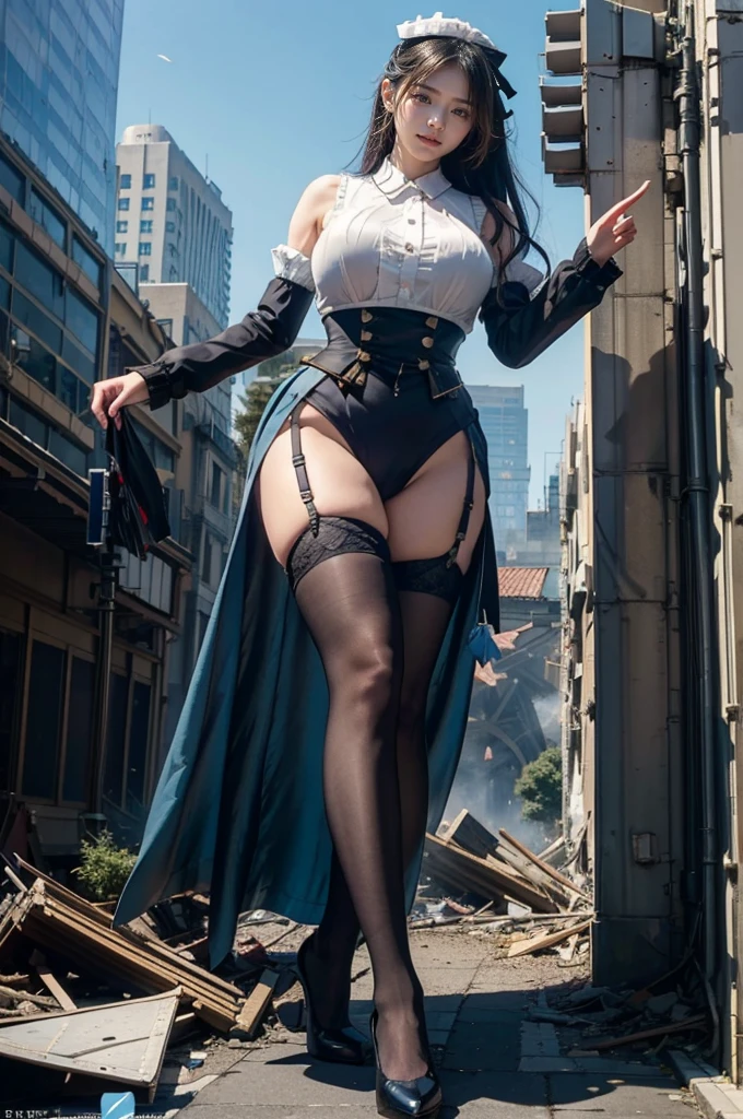 Fisheye Lens、The building collapses、Urban hustle and bustle、Traffic jam、City of Rubble、street tree、garter belt、((((Azur Lane Cheshire))))、Maid outfit with frill ribbon、Super huge breasts、Plump thighs、Ground View,City of Giants,500 foot tall giant girl,skyscraper,Has super long legs,Step into the crowd,There are many people on the street,Knee-high socks,She has waist-length black hair,Wear Mary Jane heels,A happy look,Standing on the ruins,Beautiful appearance,Exquisite makeup,quality,8k,高quality,Perfect Proportions, Cinema Lighting,Film Grain,The Colors of Fuji,8k,Textured skin,Super Detail,High detail,high quality,High resolution,explode,False Smile,Show your pants