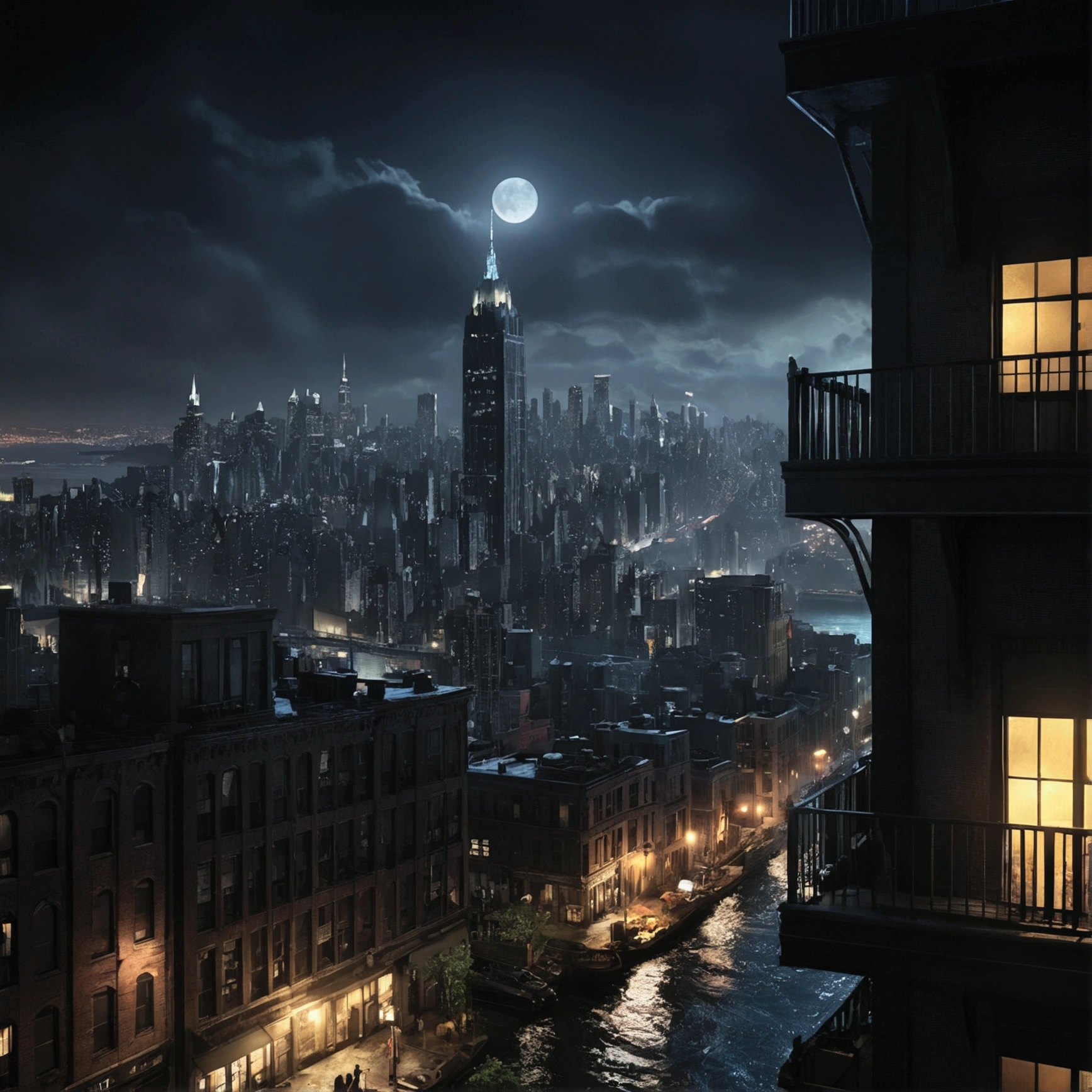 Gotham City at Night、Christopher Nolan Style、Drama and lifesaving、Dynamic, dark and scary atmosphere、Dramatic Light、Very detailed、Full of hidden details、Hyperrealistic、uhd画像、realism、カラフルなrealism、uhd、8k、Full body image、Long tail、