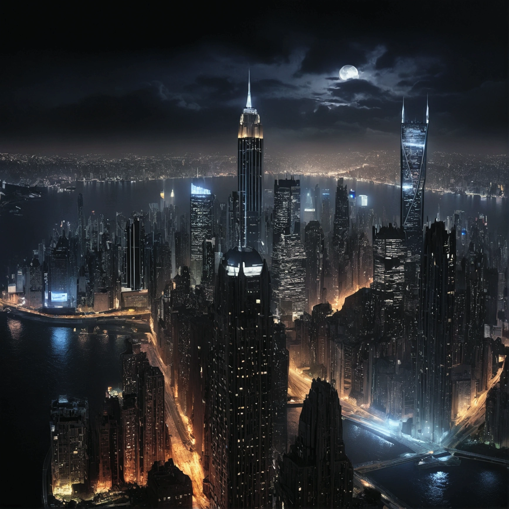 Gotham City at Night、Christopher Nolan Style、Drama and lifesaving、Dynamic, dark and scary atmosphere、Dramatic Light、Very detailed、Full of hidden details、Hyperrealistic、uhd画像、realism、カラフルなrealism、uhd、8k、Full body image、Long tail、