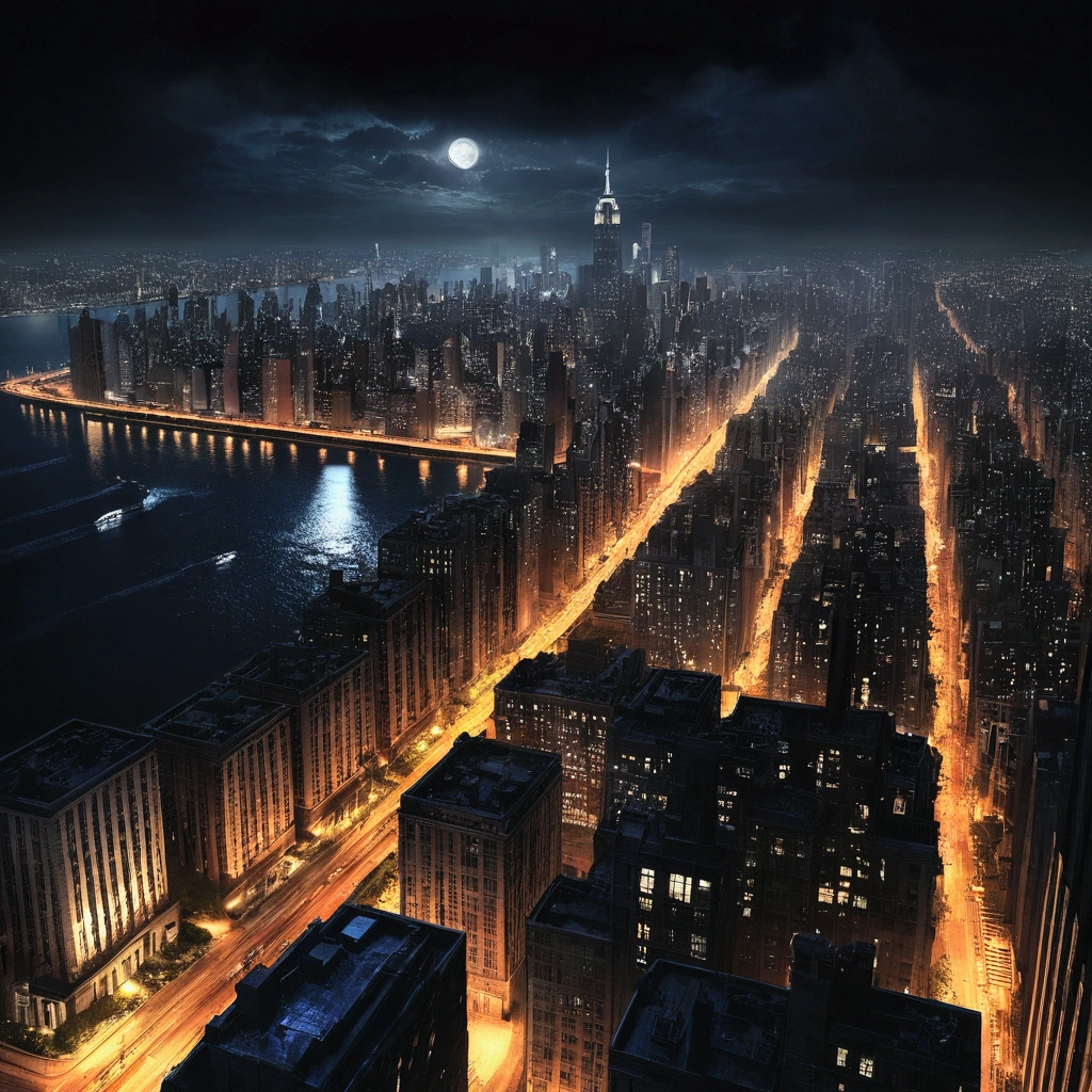 Gotham City at Night、Christopher Nolan Style、Drama and lifesaving、Dynamic, dark and scary atmosphere、Dramatic Light、Very detailed、Full of hidden details、Hyperrealistic、uhd画像、realism、カラフルなrealism、uhd、8k、Full body image、Long tail、