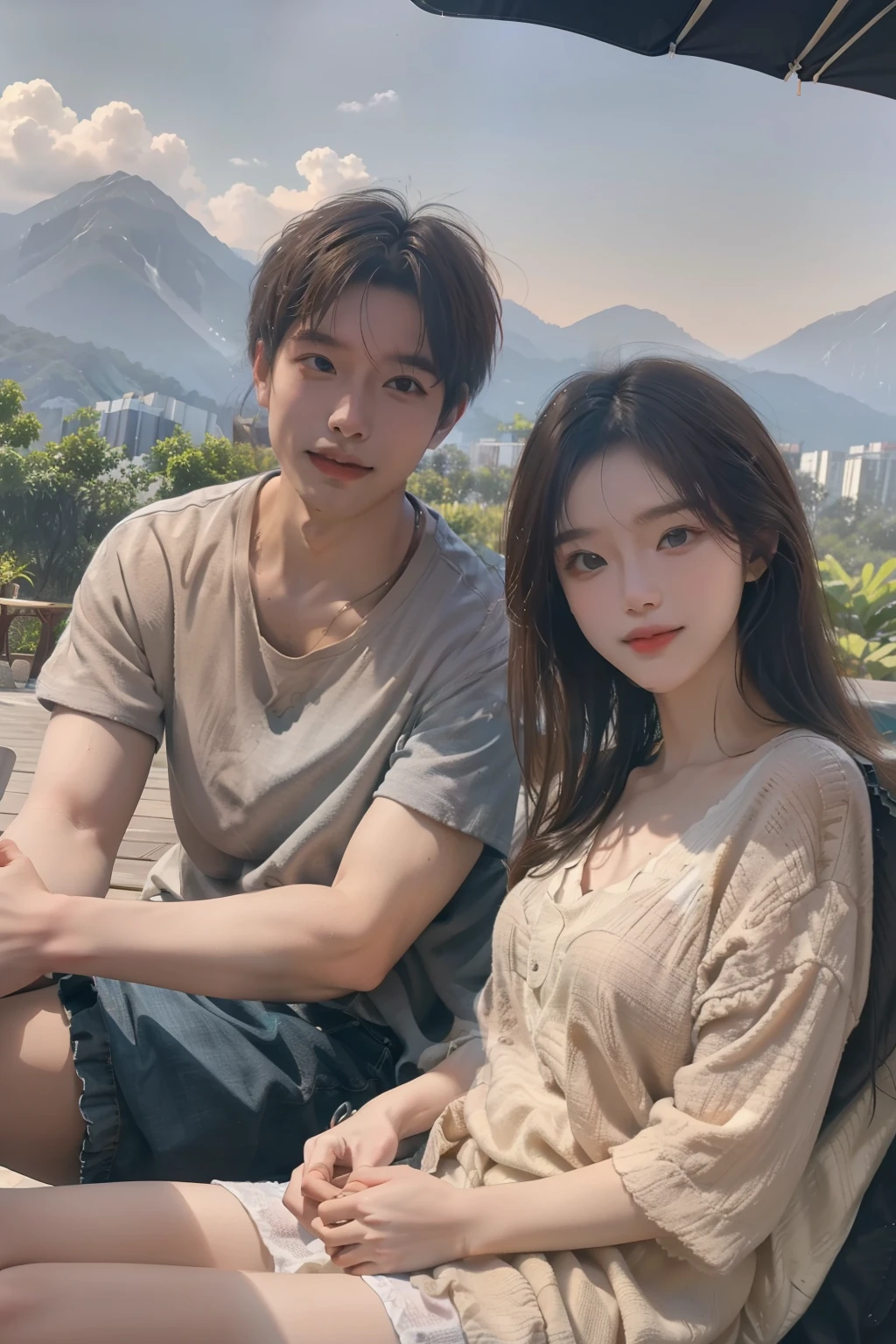 ((best quality)), ((masterpiece)), (detailed), there is a couple(boy and girl) was sitting relaxing on the terrace of the house while enjoying coffee and snacks, wear casual clothes at home, green and expansive natural views as well as blue skies and mountains