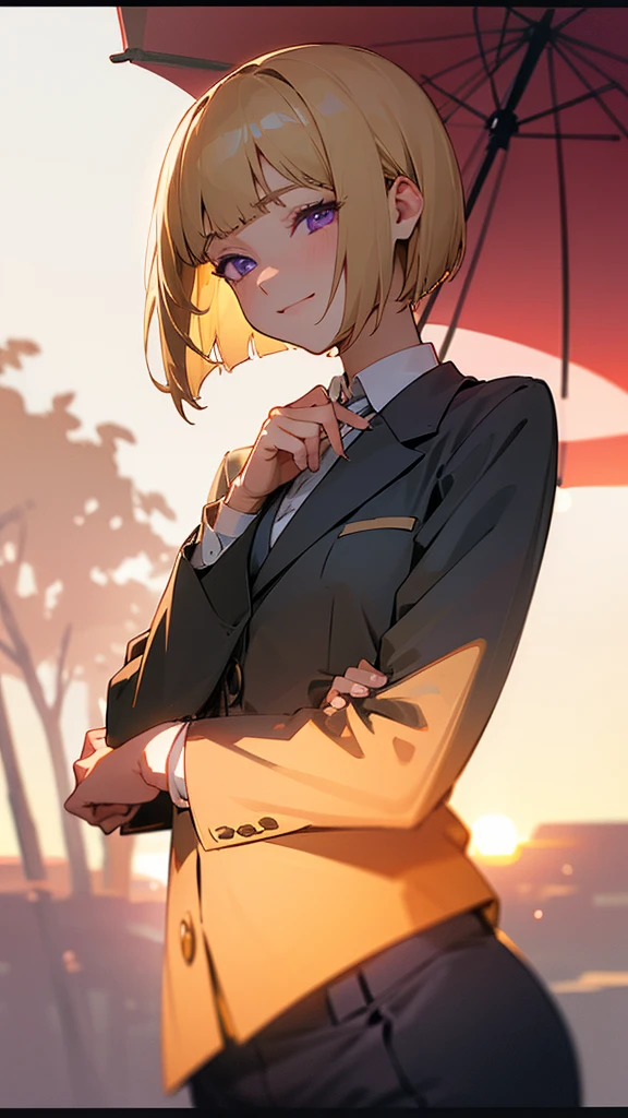 1 girl、8k、Sharp focus、(Bokeh) (Highest quality) (Detailed skin:1.3) (Intricate details) (anime)、(blonde)、short hair、Bobcut、Blunt bangs、Beautiful purple eyes、Slender body、From the side、Upper body close-up、White shirt、Black work trousers、Black Fitted Blazer、Calm face、Mouth closed、Cheeky Smile、Squint your eyes、Park in the background、sunset、Soft lighting.