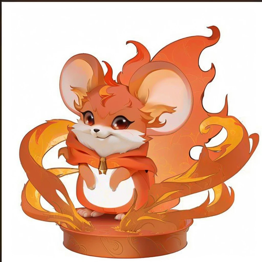 A cartoon mouse with a flaming tail sits in a pot, MapleStory Mouse, Fire Type, Blazing Hellfire, Appears as a fire goddess, Nine Tails, Red Cliff, Cute mouse Pokémon, The fox holds the torch, fox from league of legends Red Cliff, hot, Maple Story Character Art, sun wukong, cute Red Cliff rat wizard,Clear structure，HD