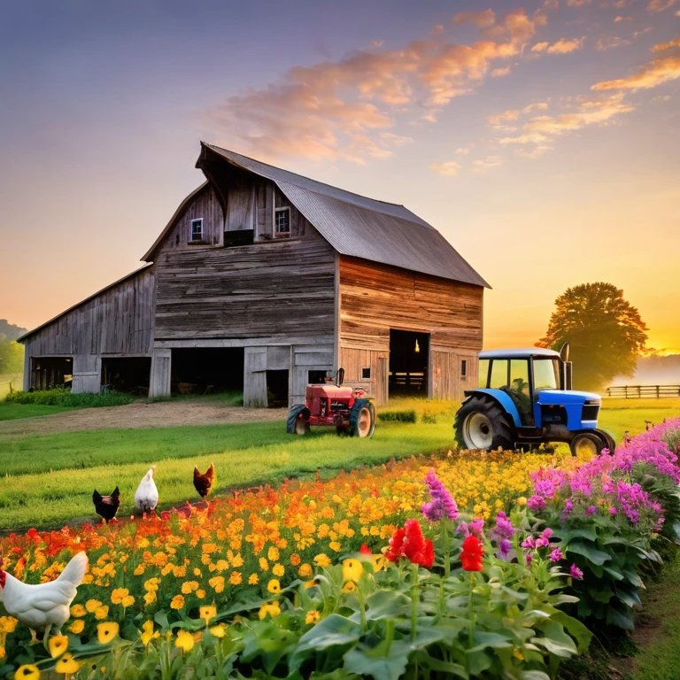 A rustic barn at sunrise, with chickens pecking nearby and a tractor in the field with colorful flowers, epitomizes the serene, hardworking essence of country life.