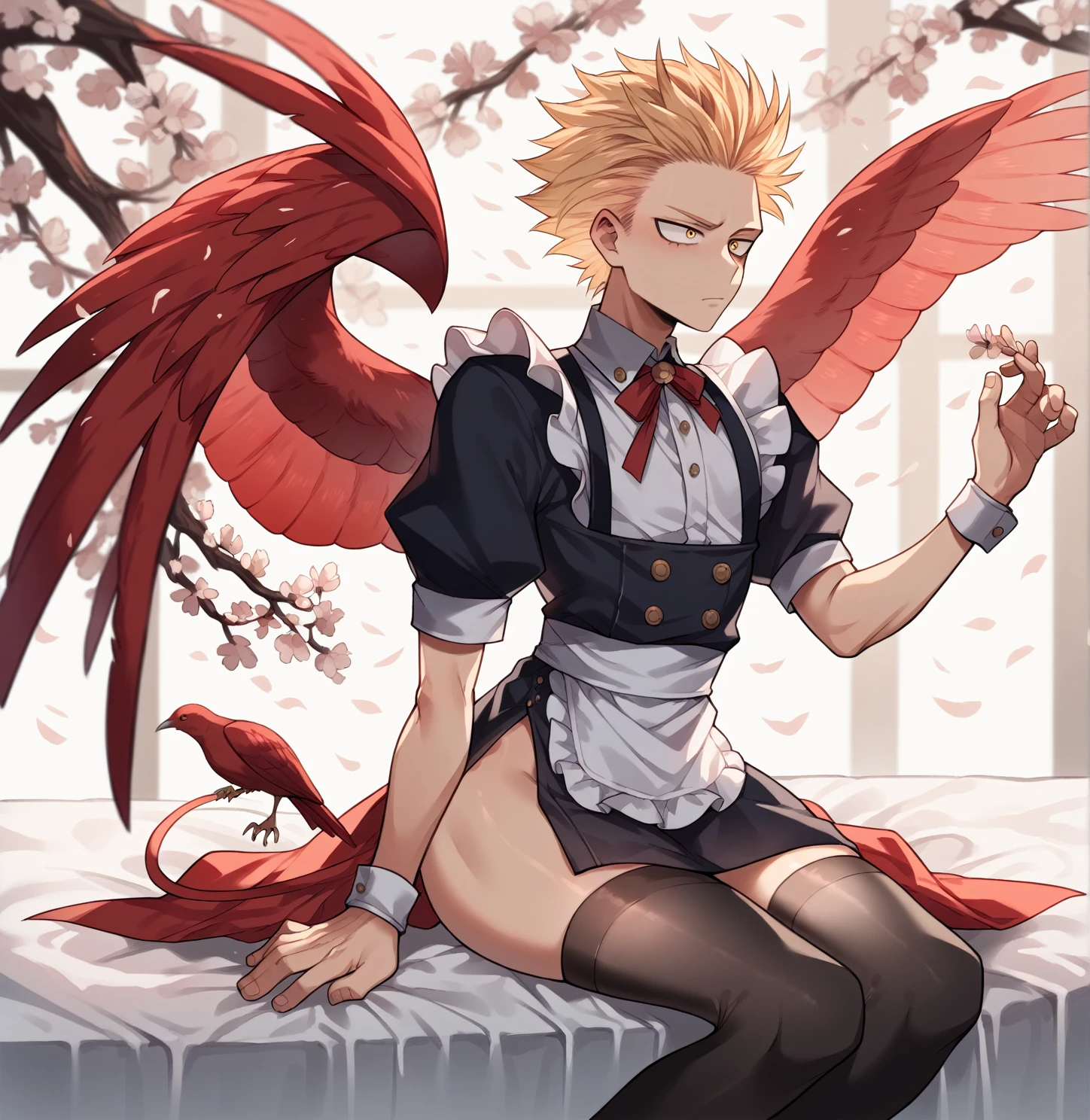 [1], short stature ,Alone, gay blonde boy, low, slicked back hair, two front strands that stick out, gold eyes, red wings on the back, red bird tail, delicate hands, fine ranges, delicate, curves thighs, small waist, cuerpo delicate, submissive, dress: maid outfit, provocative, long dark thigh high stockings, sitting on a bed, provocative pose, apariencia submissive, white cherry blossoms, Hawks, Boku no hero academia