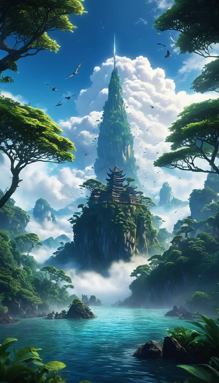 middle of an ocean,There is a mysterious island surrounded by clouds and mist,It exists only in legends and is full of mystery。Only those who are pure and sincere in heart can find this island。It has a dense primeval forest,trees towering into the sky,The tree crown seems to touch the starry sky。Scene concept anti-glare effect, All captured in sharp focus.((Masterpieces in up to 16K resolution):1.6),((soft_color_photography:)1.5), ((Super detailed):1.4),((Typical static images and dynamic angles):1.3),In the center of the island,There is a towering mountain range,The mountain tops are always shrouded in clouds and mist。Birds with wings like rainbows,There is something called「fantasy flower」plant,It is said that its petals can bring people into beautiful dreams.。is full of mystery、A place with romantic and fantasy elements。
