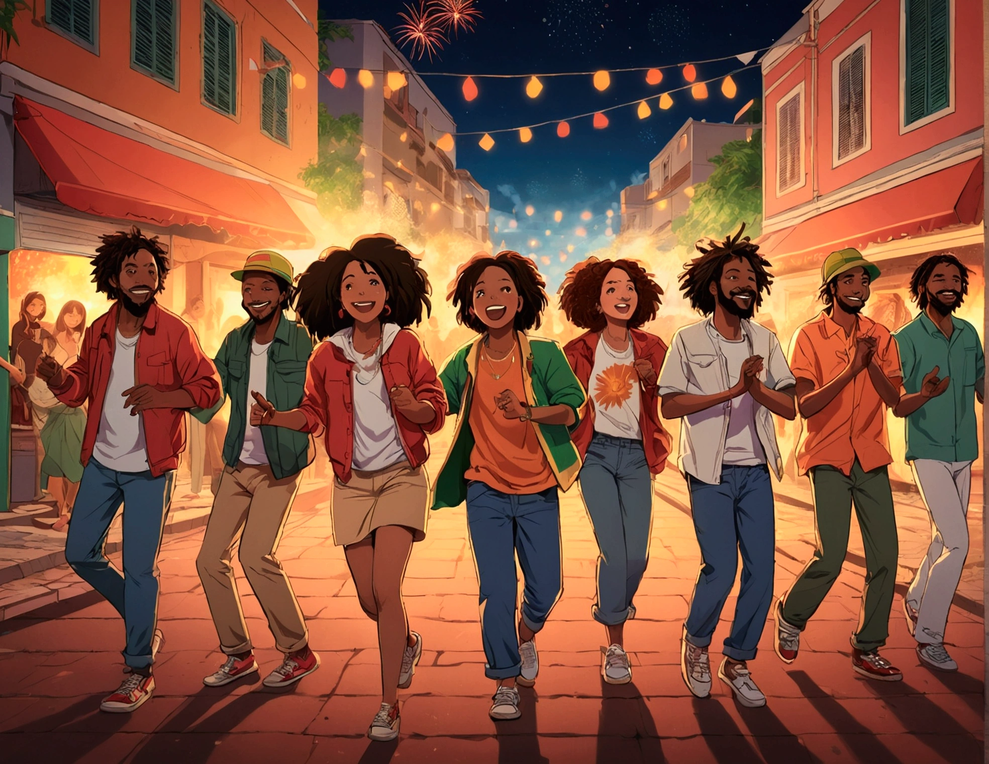 2D illustration, anime, lofi, Manga style ,street. Juana , orange, red, firework, Bonfire, South American Festivals, 4K, Illuminated, streetarry Night, street. Juana Brazilian people dancing, sound, sound楽グループ, Dancing Reggae, Jamaican sound system culture style . Everyone is happy, Reggae Band, Enthusiasm,