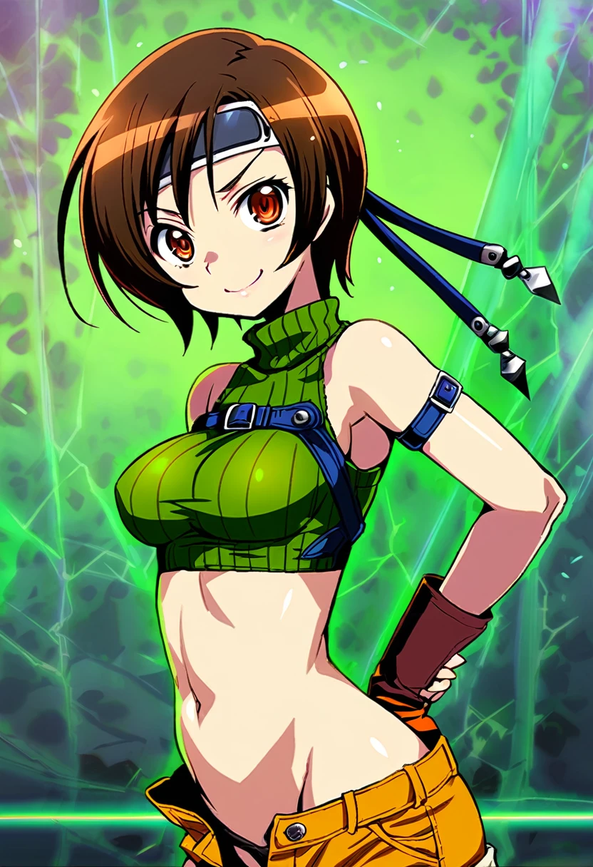 score_9, score_8_up, score_7_up,,BREAK source_anime, from side,side view,,arms behind back.upperbody,,looking_at_viewer,1girl, yuffie kisaragi, final fantasy, short hair,headband,navel,sleeveless,turtleneck,brown eyes,sleeveless turtleneck,solo,breasts,looking at viewer,smile,gloves,crop top,brown hair,shorts,midriff,,sweater,open fly,fingerless gloves,ribbed sweater,medium breasts,,smile,smug,best quality,aesthetic,very aesthetic,masterpiece,(high-resolution), ,(mid),(superior contrast.ultra sharp).