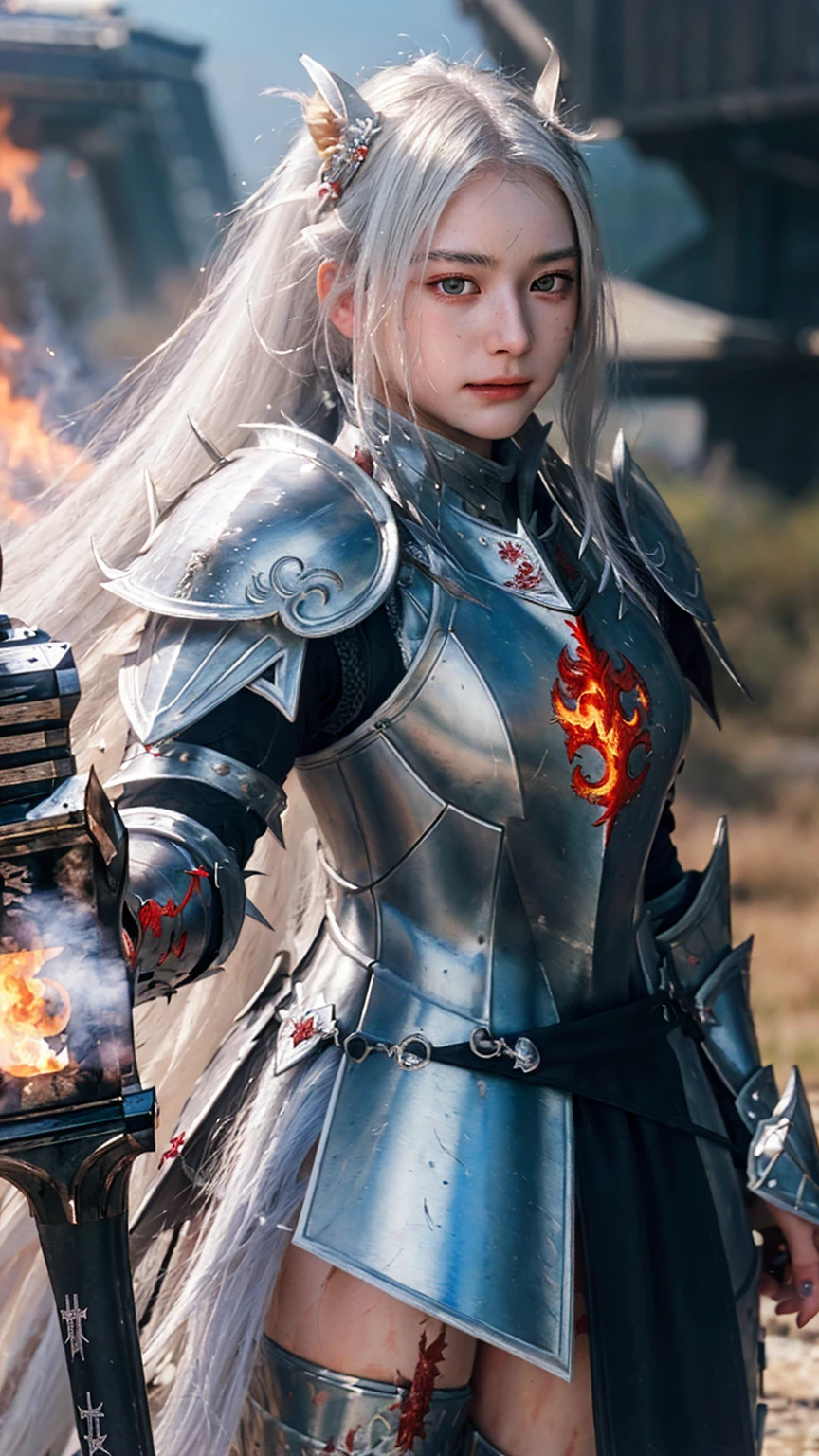 (((Realistic, masterpiece, best quality, crisp detail, high definition, high detail))), 20 years old girl wearing silver armor with dragon simbol, japan style heavy armor, full body armor, long straight white hair, sweating, bloodstained, bloodbath, carnage, holding japan fire sword, in epic war, fire and smoke everywhere, death anywhere