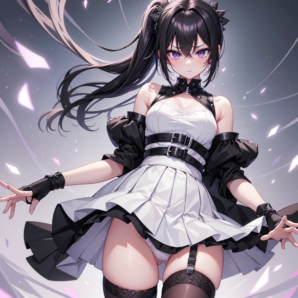 word:
bruise, medium hair, hair between the eyes, hair green, side ponytail, (purples eyes:1.1),
overskirt, mitts, don, bared shoulders, pleated overskirt, sleeveless, black mitts, elbow mitts, waist belt, minioverskirt, black overskirt, black shoes, (black don:1.5), thigh strap, sleeveless don, high collar, clamp, single glove, black waist belt, pleated don, arm strap,White lace panties,
BREAKING masterpiece ,unity wallpaper 8k,Visual principal do anime,highest quallity, high resolution, unity wallpaper 8k, (forma:0.8),anime coloring,high-detailed face, detailedeyes,growing eyes,shining skin,thin skin,Caucasian skin,dense skin,detailed hair,Highly detailed legs,perfect lighting, detailed CG, (perfect hands, Perfect Anatomia),high resolution,(detailed wear ),Slender limbs, delicate curves, Delicate hands,人物:0.8,