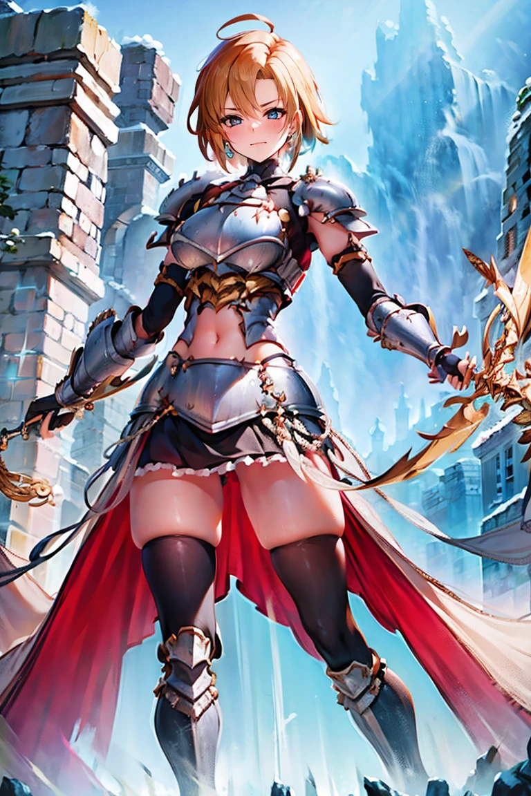 jewelry, bodysuit, fingerless gloves, knight, highleg, (((skin tight))), vambraces, arm guards, (((faulds))), greaves, 1girl,solo,　gauntlets, armored boots, breastplate, pauldrons, shoulder armor, big armors, thighhighs, dare thighs, short hair, pink hair, blue eyes, adult, adult face, fearless face, curvy, perfect proportion, perfect anatomy, perfect body, armored dress knight, plate armor knight, silver knight armor, ahoge, center loincloth, (((skirt))), black legwear, black clothes, black wear, covered arms, masterpiece, masterwork, best quality, super fine illustration, beautiful, ultra detailed beautiful face, cg unity 8k wallpaper, ultra detailed, ultra high res, round face, smile, leotard, absurdres, exquisite, by famous artist, voluptuous, official art, fair skin, gleaming skin, oil skin, shiny skin, sweat, front view, two arms, both arms, perfect arms, perfect fingers, perfect hands, flame and battlefield background, shield, outdoor, perfect eyes, even eyes, symmetrical eyes, clear eyes, ultra detailed beautiful eyes, beautiful thighs, sword, under armor, navel covered clothes, perfect legs, beautiful legs, crop top tights, black tights, 