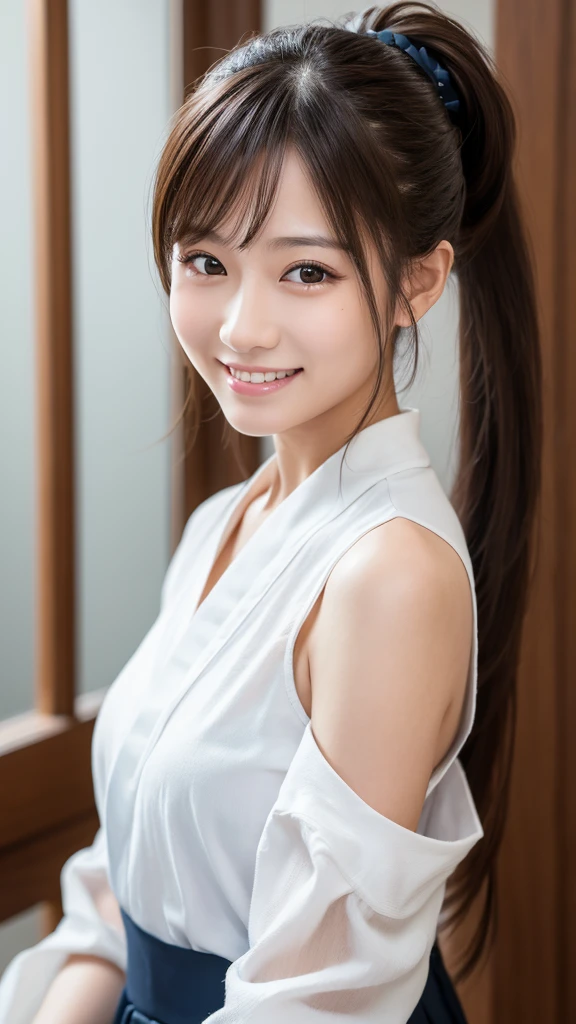 No sleeve, ponytail, Japanese Girls, 8k, Legal Photography, highest quality, masterpiece, Realistic, Photorealistic ultra-detailed, One Girl, cute, The best smile, Beautiful Eyes, Long Hair, Perfect Face,