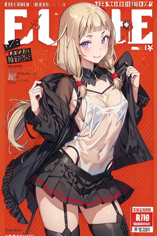 (small breasts:1.2), (perky chest:1.2), (pointed chest:1.2), (Pudding cake magazine cover:1.3),(from below:1.0),(shoot from the side:1.1),masterpiece, 1girl, Amazing Cleavage:1.1, thin waist, optimum,tmasterpiece,hight resolution,best qualtiy,hyper HD,super detailing,awardwinning,a 18yo cute girl,(The upper part of the body),anatomy correct,Beautiful Black miniskirt,garters,Gaze,Small face,bangss,holster,Beautuful Women,hands up,leg holster,Gaze,black boots,Cowboy Shot,cute face,a blond,Longhaire,Twin-tailed,Braids, Hairline,(scarlet eyes),long eyelasher,Hanging eye corners,White skin of the, ((see through camisole:1.1)), ((Sheer nipples:1.0)),Rocket Tits,(Slim body),smile,seductive weak smiling,(with sparkling eyes and a contagious smile),little open mouth, Looking at Viewer,