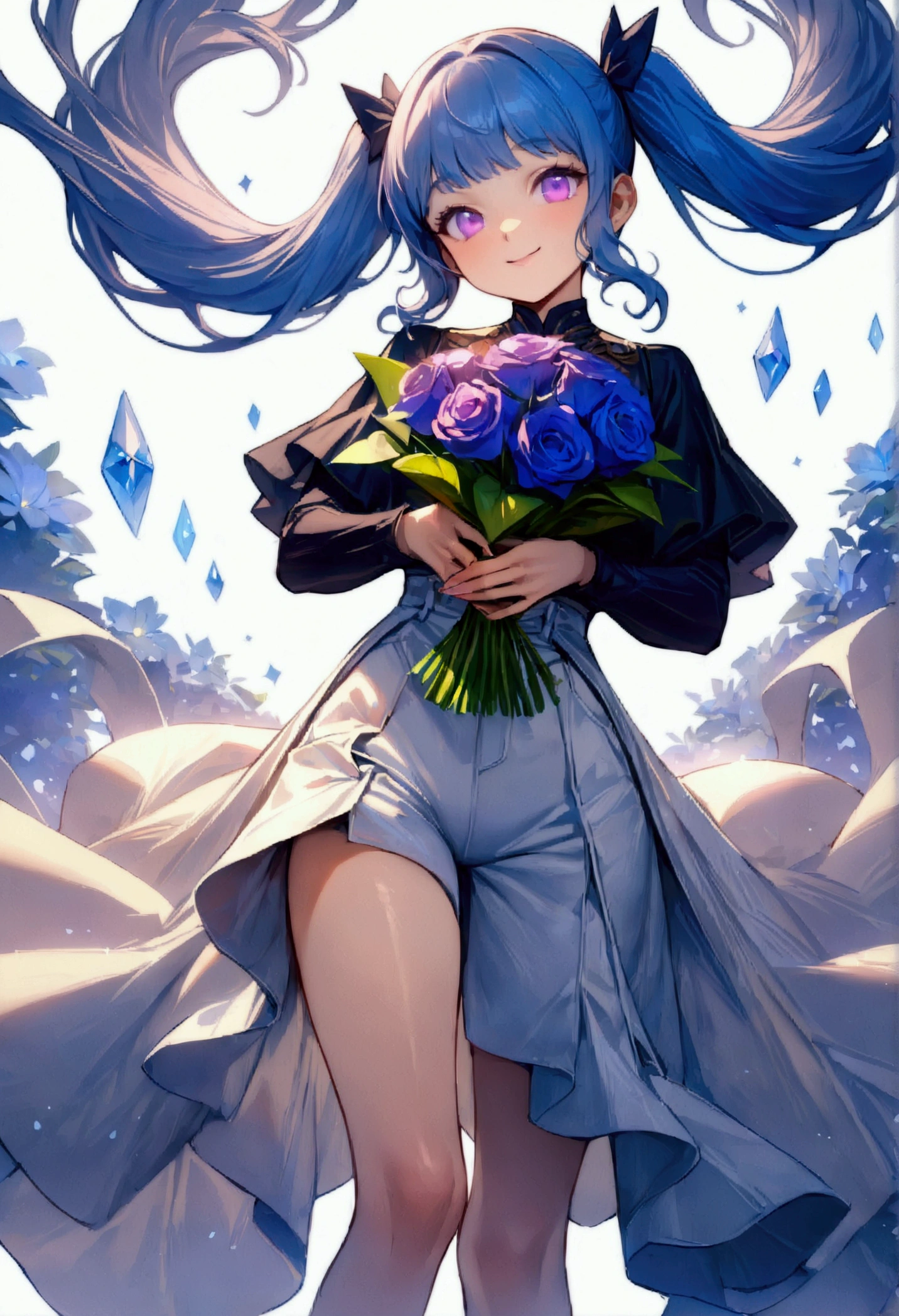 whole body, (female): 1girl, (solo), (perfect face), (detailed outfit), (little girl), (holding a bouquet), beautiful female, smile (happy), blue hair, long hair, twintails hair, violet eyes, (open tuck,,), (white background), (masterpiece:1.4), (best quality), (highres) (sharp focus),