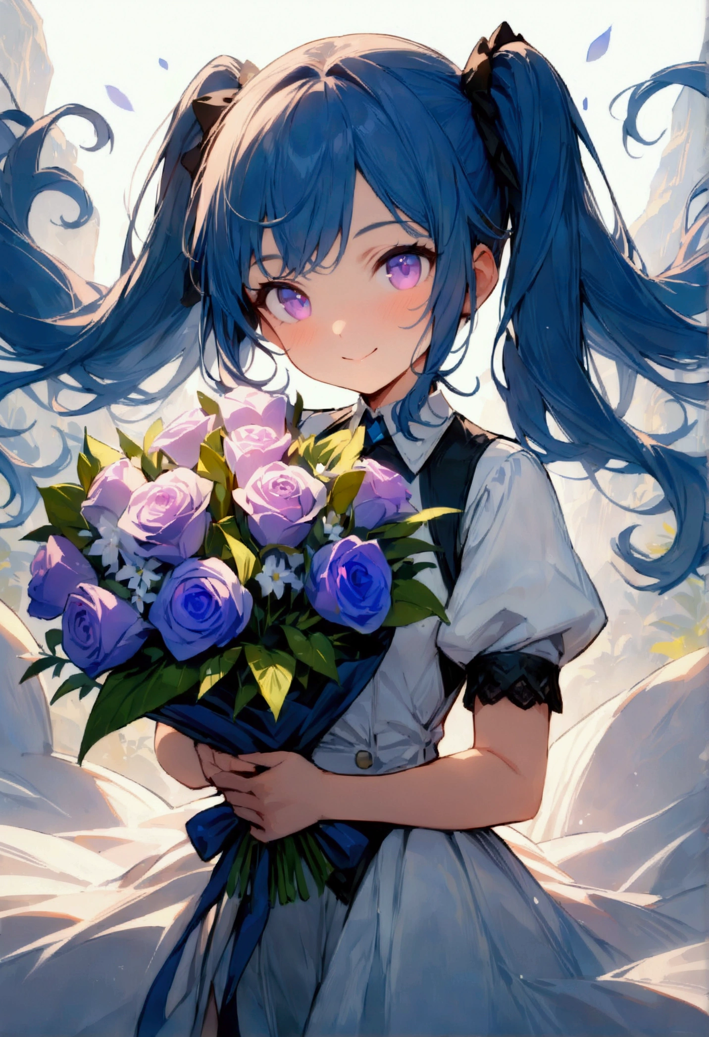 whole body, (female): 1girl, (solo), (perfect face), (detailed outfit), (little girl), (holding a bouquet), beautiful female, smile (happy), blue hair, long hair, twintails hair, violet eyes, (open tuck,,), (white background), (masterpiece:1.4), (best quality), (highres) (sharp focus),