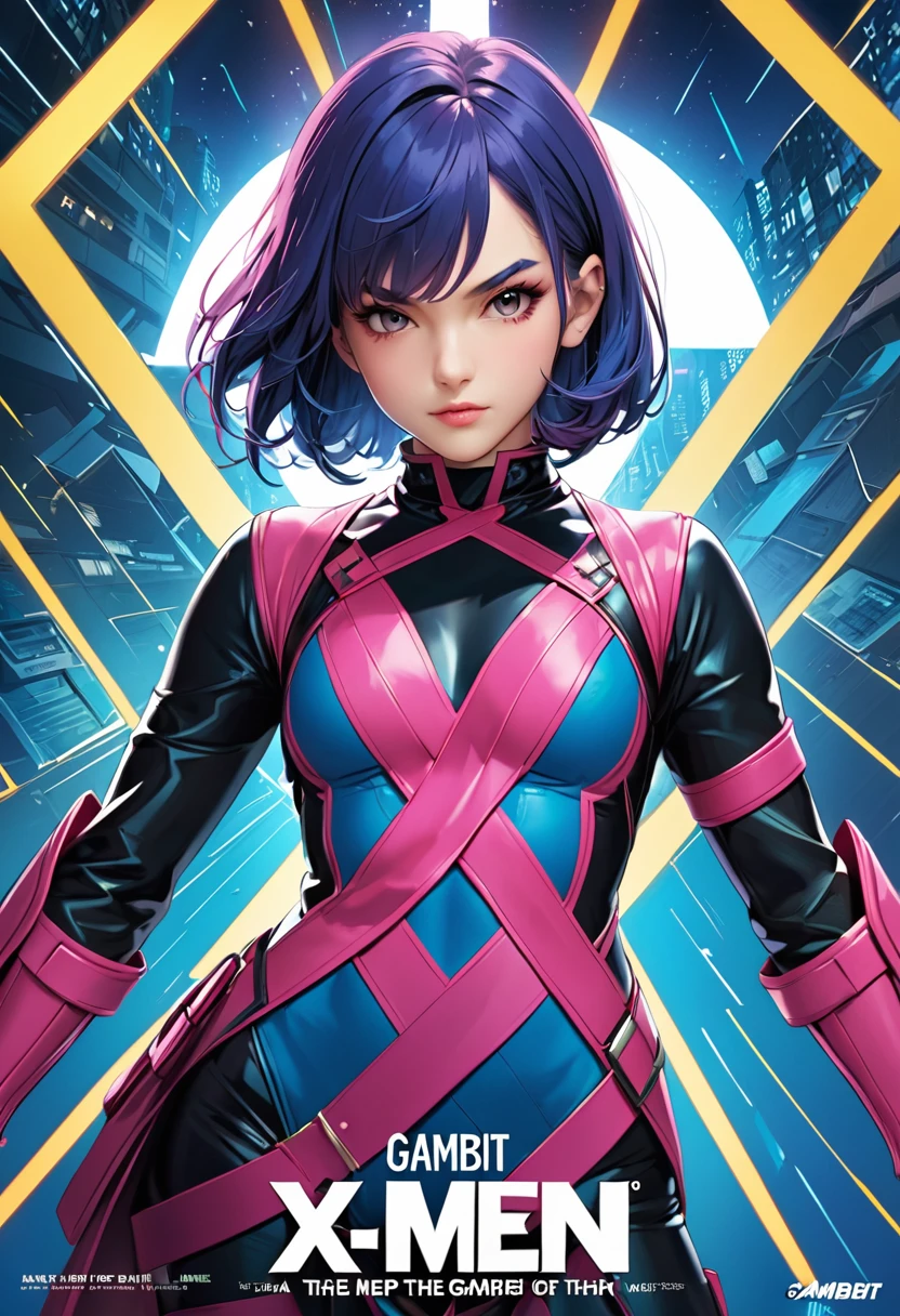 (masterpiece, best quality,ultra highres), (movie poster art,title  of "x-men"),In the center of the poster, girl is posing,(16yo,(darkblue wavy-short hair),thick eyebrows,middle small breasts),(wearing "Gambit" costume),