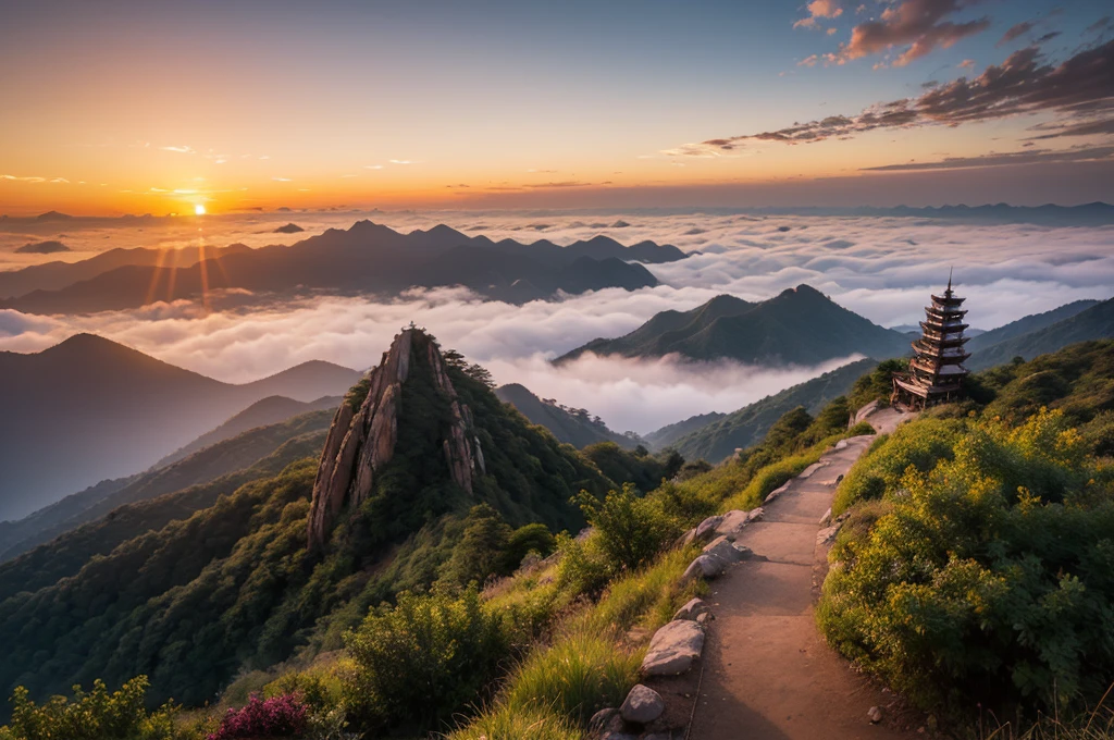 Huangshan Tiandu Peak，Sunset，Warm colors，Sea of Clouds，Ultra wide angle，ultra depth of field，Texture，National Geographic Award-winning work