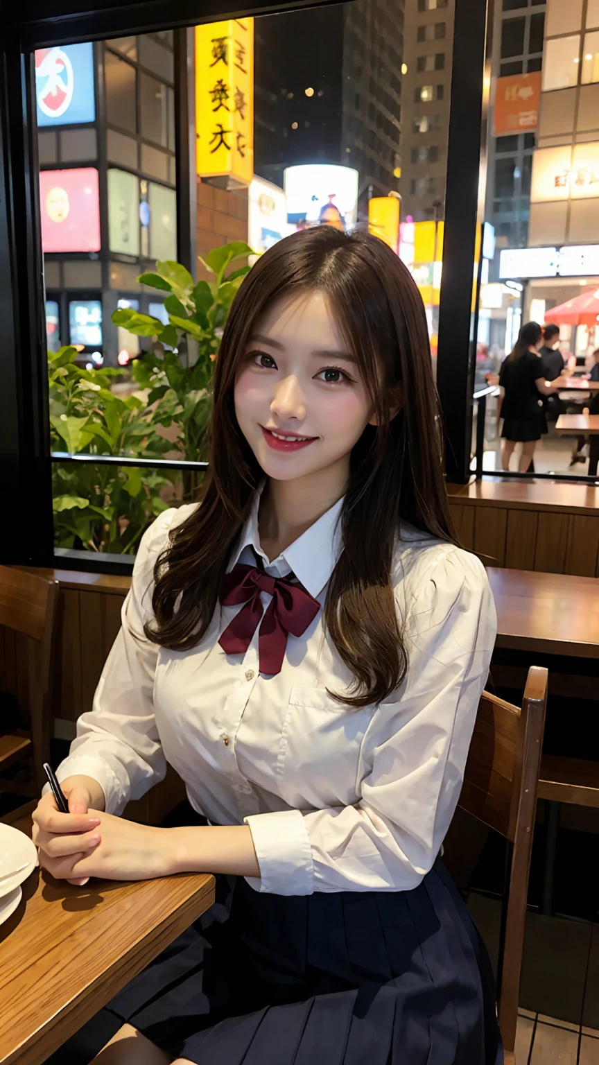 highest quality, masterpiece, 8K, ultra high resolution, (realistic: 1.4), beautiful face, symmetrical eyes, Japanese, 20 years old, brown hair, smile, wearing makeup, high-definition images, atmospheric perspective, super detail, accurate, best quality, (angle from under the table), Japanese School uniform, Pleated skirt:1.3) 1 girl, drooping eyes, sleepy face, blush, in the city, busy, skyscrapers, restaurant with large windows, takes a seat, night scene, windows have harbor view, foods, romantic dinner