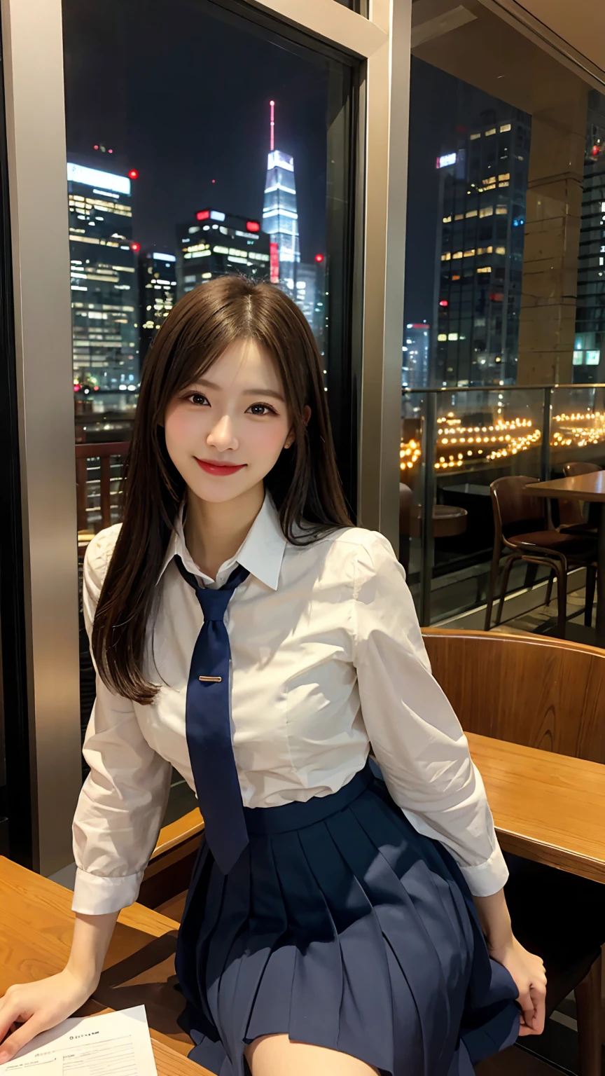 highest quality, masterpiece, 8K, ultra high resolution, (realistic: 1.4), beautiful face, symmetrical eyes, Japanese, 20 years old, brown hair, smile, wearing makeup, high-definition images, atmospheric perspective, super detail, accurate, best quality, (angle from under the table), Japanese School uniform, Pleated skirt:1.3) 1 girl, drooping eyes, sleepy face, blush, in the city, busy, skyscrapers, restaurant with large windows, takes a seat, night scene, windows have harbor view, foods, romantic dinner