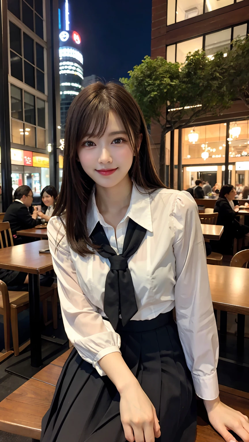 highest quality, masterpiece, 8K, ultra high resolution, (realistic: 1.4), beautiful face, symmetrical eyes, Japanese, 20 years old, brown hair, smile, wearing makeup, high-definition images, atmospheric perspective, super detail, accurate, best quality, (angle from under the table),  Japanese School uniform, Pleated skirt:1.3) 1 girl, drooping eyes, sleepy face, blush, in the city, busy, skyscrapers, restaurant with large windows, takes a seat,  night scene, windows have harbor view, foods, romantic dinner 
