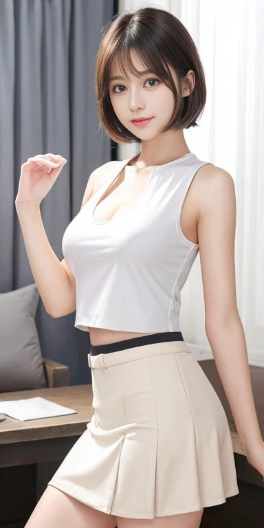 (((nsfw))),(born, highest quality, masterpiece:1.5), (photo-realistic, intricate details:1.2), ultra high resolution, disorganized,
1 girl, beautiful face, blue eyes, green eyes, fine eyes, symmetrical eyes, light shines on your face, blush your nose, short hair, bun hair, black hair tie, 
clacks, (((vest))),((( suit))), (((Lower body naked))), (((white shirt))), silk scarf, [:The 20th, :0.8],
smile, small dimples, suggest something sexual, 
medium breasts, slim waist, slim legs, long legs,
 perfect body, good proportions,
looking at the viewer, (((butt))),(((Only the lower body is naked))),(((上半身はsuitを着ている)))
(office, indoor, hyper detailed background:1.2), Japan, Copier, file cabinet, computer, monitor,
shiny skin, realistic skin texture, 
Natural light, best lighting, detailed background, detailed shadow, sharp focus, The depth of the written boundary f/2,
Saturation, high contrast, strong light and shadow