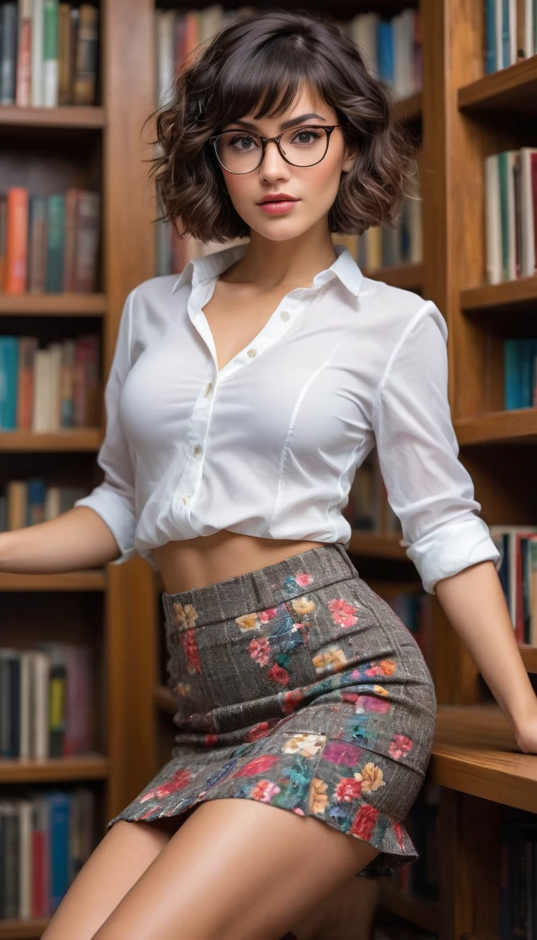 (((beautiful beautiful Isabela Merced, posing for uploadss, looking sexy, ruffled lips, Short and curly hair in different colors, extremely pretty eyes))), ((wearing floral silver necklace)), realistic uploadsgraph, highy detailed, Foco do pointed, (Main lighting), (indoor bookstore environment), artwork, extremely pretty, Perfect beauty, (perfect shape body, Broad Hips, small waist, thick-thighs, firm abs, Body cute, knees, knees, focus on the knees, breasts small), short hair of different colors with bangs, short hair with bangs of different colors cobrindo a testa, short hair with bangs of different colors ((((short hair of different colors with bangs cobrindo a testa)))), ((30 years old)), (extremely detaild 8k wallpaper), ((face detailed)), (((wearing open white shirt, microsaia curta de tweed, knees, knees, very short skirt)), (long dark eyelashes), (looking at the camera), (((cleavage))), (glamor model), (seductive facial expression) (((standing between high shelves full of books))), extremely detaild, artwork, Intricate details, highy detailed, Foco do pointed, skin detailed, realistic skin texture, texture, detailedeyes, high resolution, best quality, high resolution, (artwork, maximum quality, high resolution:1.4), uploads, cinematic, film grain, pointed, soft natural light, magic uploadsgraphy, super verbose, ((whole body: legs 1.7)), librarian glasses, nerd glasses, ((pleated miniskirt: miniskirt 1.6)), unbuttoned blouse with cleavage, bellybutton, navel, cleavage, (Head to knee, all-body: knees 1.3), horny, lascivious, provocative, panties, raised knee, knee lift, horny, lascivious, provocative, knee lift, (((knee))), (((knee lift))), (((knee:. knee 1.3))), Knee, Knee Lift, Raised Knee, Focus on Knee