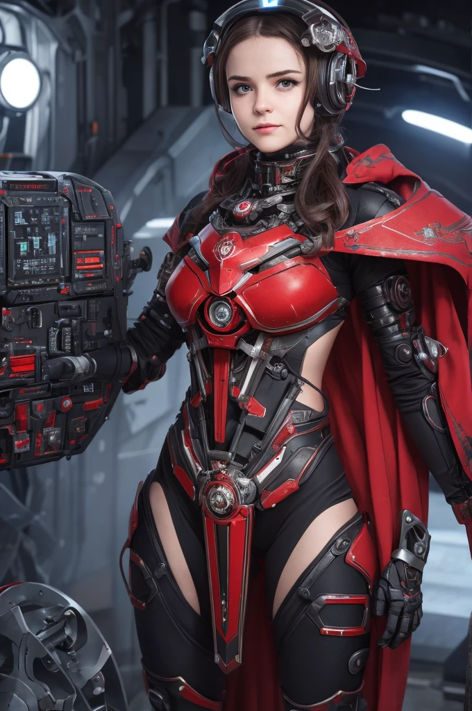 The picture shows a (cute) Adeptus Mechanicus girl. Her gaze is penetrating, and her face is hidden under a mask with monitors and LEDs. Graceful mechanical limbs complete her elegant appearance, and her outfit emphasizes her strength and uniqueness in the world of technology, big head, cute girl, red cloak , laughing, (((chibi)), ful body, full legth,  