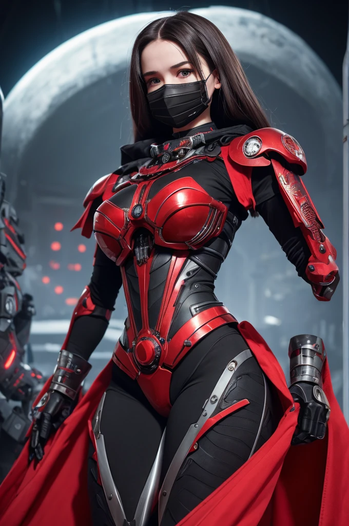 The picture shows a (cute) Adeptus Mechanicus girl. Her gaze is penetrating, and her face is hidden under a mask with monitors and LEDs. Graceful mechanical limbs complete her elegant appearance, and her outfit emphasizes her strength and uniqueness in the world of technology, big head, cute girl, red cloak , laughing, (((chibi)), ful body, full legth,