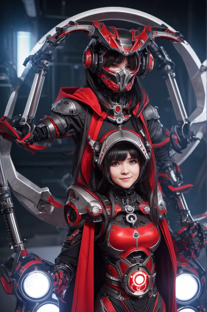 The picture shows a (cute) Adeptus Mechanicus girl. Her gaze is penetrating, and her face is hidden under a mask with monitors and LEDs. Graceful mechanical limbs complete her elegant appearance, and her outfit emphasizes her strength and uniqueness in the world of technology, big head, cute girl, red cloak , laughing, (((chibi)), ful body, full legth,  