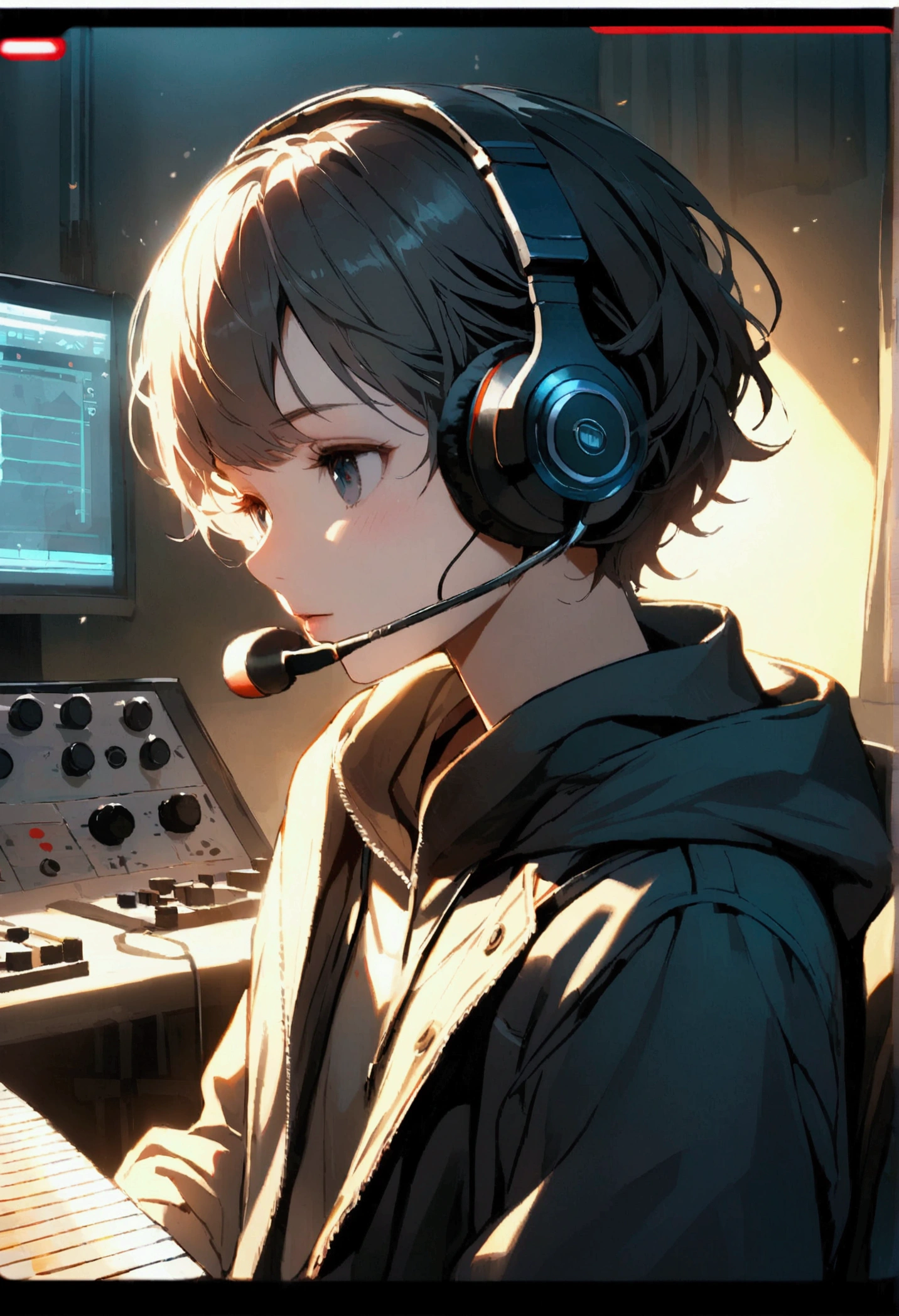 small boy in the studio recording music with headset on
