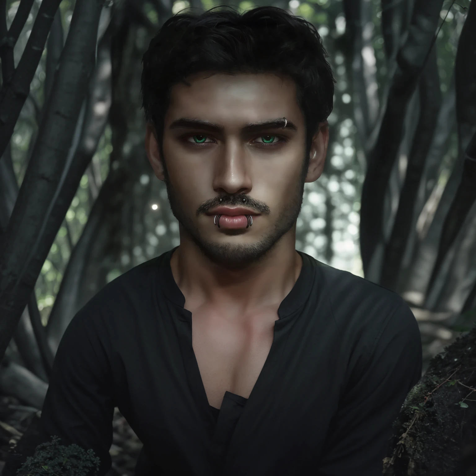 male, in forest, black shirt, black pants, arms at sides