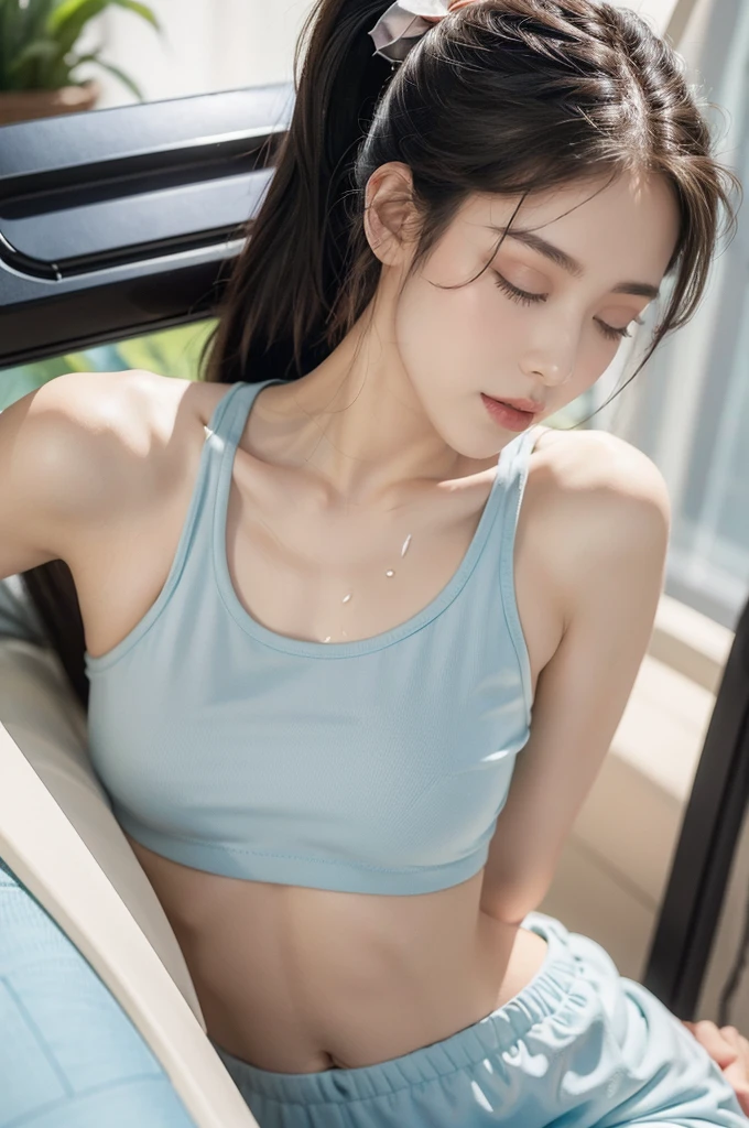 (shoulder-length straight black short hair: 1.2),Upper body, （Extremely meticulous CG 8k wallpaper），（Extremely refined and beautiful），（Masterpiece），（best qualtiy:1.0），（Ultra High Resolution:1.0），beautiful light up，Perfect lightning，realistic shaded，[A high resolution]，Smooth and flawless fair skin，Extremely exquisite facial details，ultra - detailed，A  girl，small head，Smile，cheerfulness,Summer，afternoon，Close Shot，at home，In living room,pink background，(Sitting on a chair next to a mahjong table:1.3),（A very detailed mahjong table:1.3）,Playing Mahjong,(enjoying a comfortable and intoxicated expression,small face,(perfect body:1.1）,small breasts，flat chest,slim,thin,Charming collarbone，flowers,sideways,(cyan tank top:1.5),(cyan skirt:1.4),suspendering stockings