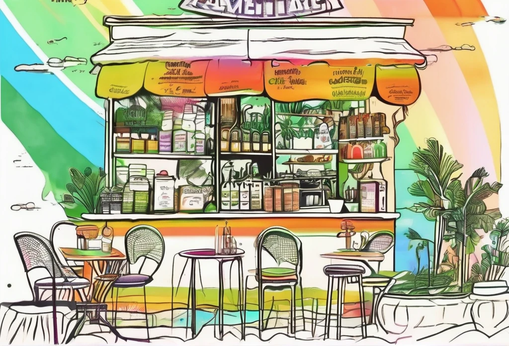 The menu of the cafe with illustrations, the calligraphy font with a green tone,
Coffee, cocktails, cigarettes, prints and accessories, beautiful white background (rainbow:2), handwritten illustration style