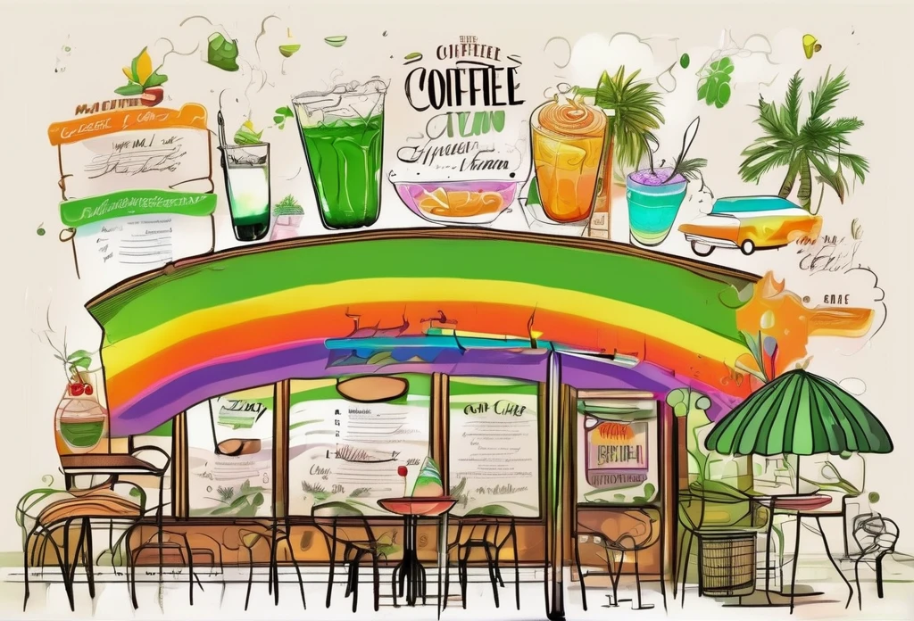 The menu of the cafe with illustrations, the calligraphy font with a green tone,
 Coffee, cocktails, cigarettes, prints and accessories, beautiful white background (rainbow:2), handwritten illustration style

