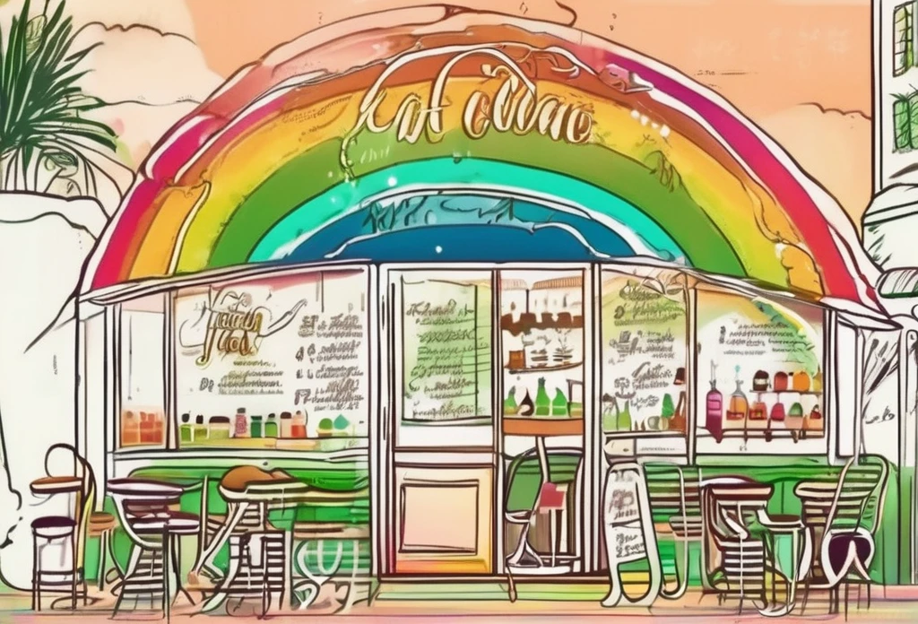 The menu of the cafe with illustrations, the calligraphy font with a green tone,
Coffee, cocktails, cigarettes, prints and accessories, beautiful white background (rainbow:2), handwritten illustration style