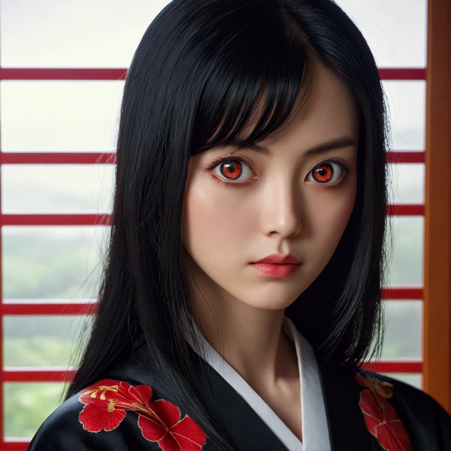 ((Best Quality)), ((Masterpiece)), (detailed), Young woman with long straight dark black hair, big bright red eyes, a black kimono, a mole near the eye and a serious expression 