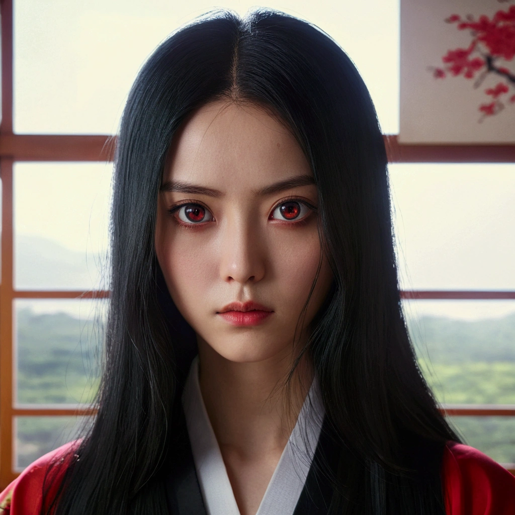 ((Best Quality)), ((Masterpiece)), (detailed), Young woman with long straight dark black hair, big bright red eyes, a black kimono, a mole near the eye and a serious expression 