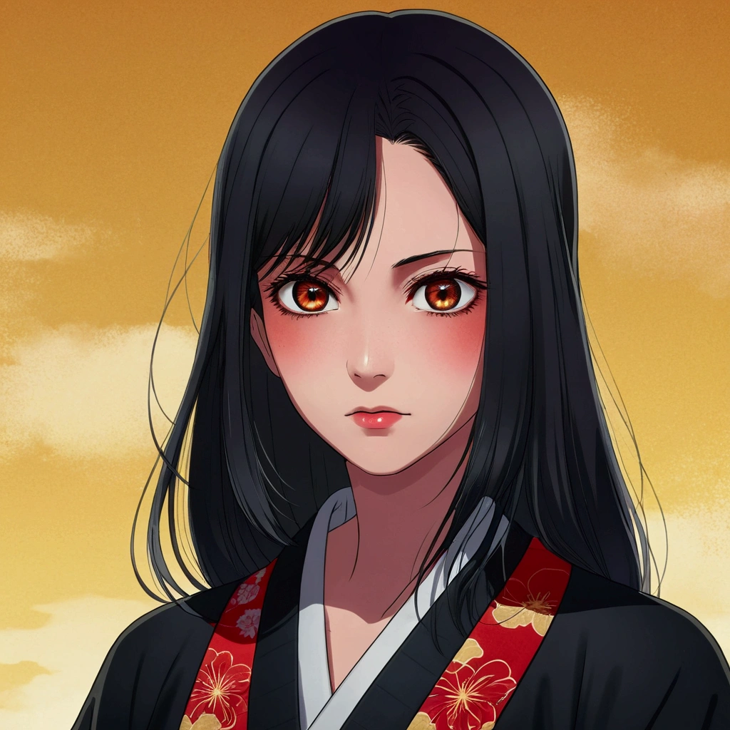 ((Best Quality)), ((Masterpiece)), (detailed), Young woman with long straight dark black hair, big bright red eyes, a black kimono, a mole near the eye and a serious expression 