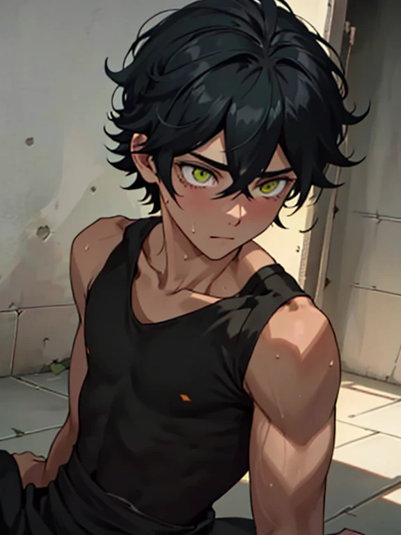 ((Fine details)), Best Shadow,Cinema Lighting,Highest quality,((Very detailed)) masterpiece The body is slim Embarrassing Black Hair get wet Big eyes thin Upper body naked sweating Delicate body Corruption High saturation Six-headed body boy Ryona Hurt torture I was injured High chance of losing Skin is visible in places shout View from below Overall image Femboy Light hits the skin Fallen Lying Skinny body Lying down punish young Flexible body Mind control T-bag Round face Flat face Side view No sleeve Black Tank Top Yellow Eyes Green Eyes With shadowed eyes, I knelt down