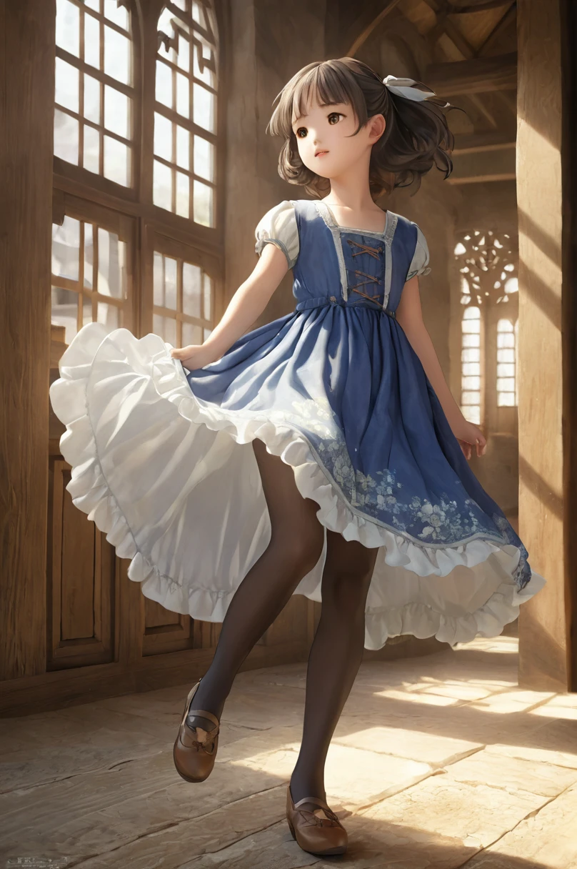  girl underwear, Ayako Kuroba、Realistic bloomers made from patterned cotton fabric, Medieval one-piece dress with panniers, Fabric Realism, Low - Angle, I see bloomers, Pull up the dress by hand, Strong winds, Translucent slip, Translucent slip, tights, Highest quality, whole body