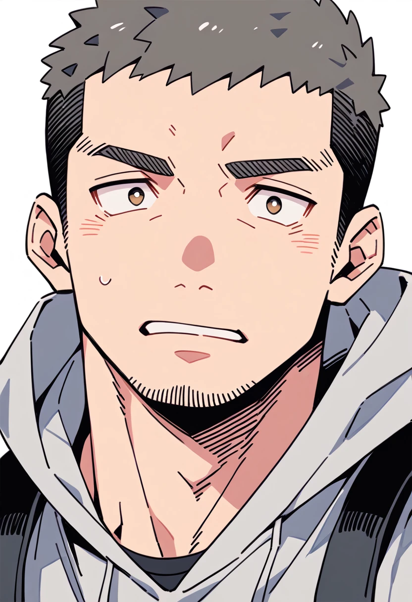 anime characters:Priapus, Muscle Sports Student, Buzz Cut, Manliness, male focus, Sports tight hooded sweatshirt, Very tight, full and perky chest muscles, muscular male, muscular, only, Upper body, alone, Black short hair, Thick eyebrows, stubble, Brown-red pupils, White background, simple background, amazing quality, best aesthetics, Ridiculous, crew cut, parted lips, flustered, endured face, negative space, best quality