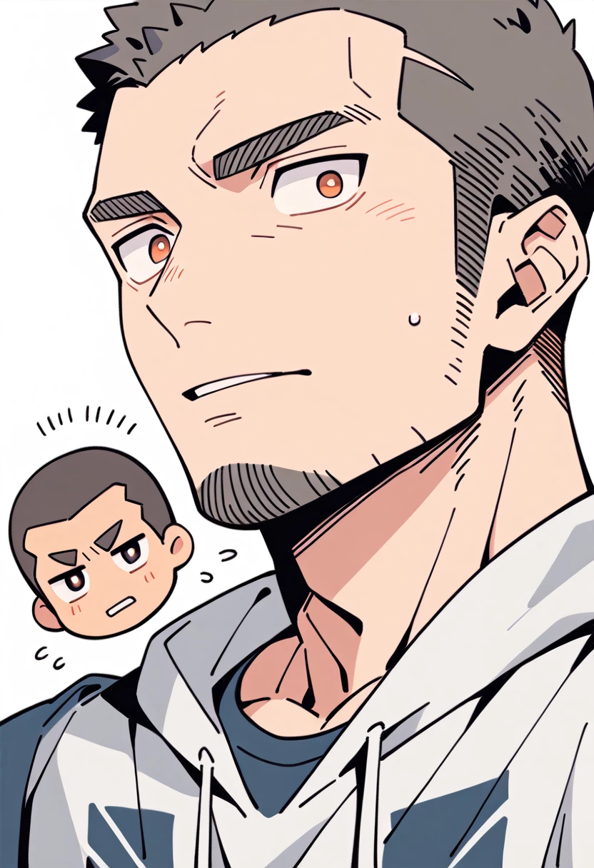 anime characters：Priapus, Muscle Sports Student, Buzz Cut, Manliness, male focus, Sports tight hooded sweatshirt, Very tight, full and perky chest muscles, muscular male, muscular, only, Upper body, alone, Black short hair, Thick eyebrows, stubble, Brown-red pupils, White background, simple background, amazing quality, best aesthetics, Ridiculous, crew cut, parted lips, flustered, endured face, negative space, best quality