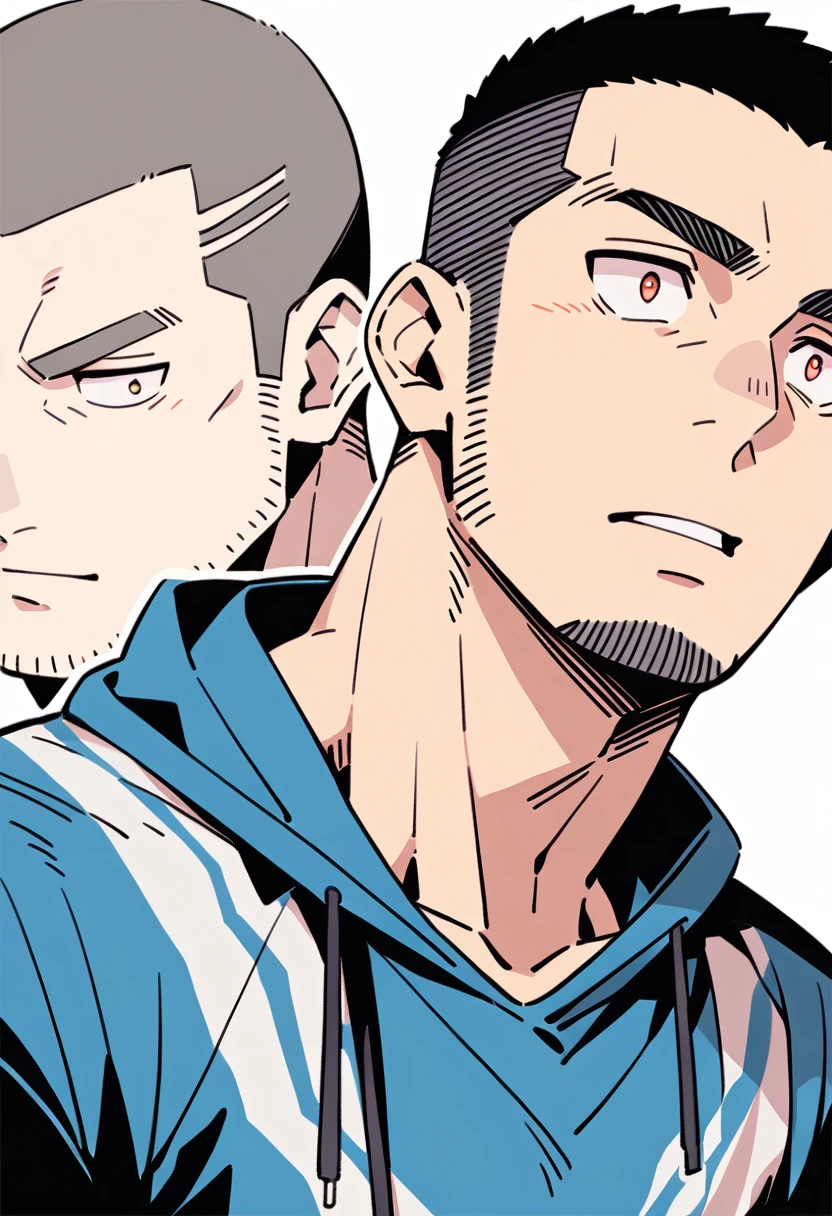 anime characters:Priapus, Muscle Sports Student, Buzz Cut, Manliness, male focus, Sports tight hooded sweatshirt, Very tight, full and perky chest muscles, muscular male, muscular, only, Upper body, alone, Black short hair, Thick eyebrows, stubble, Brown-red pupils, White background, simple background, amazing quality, best aesthetics, Ridiculous, crew cut, parted lips, flustered, endured face, negative space, best quality