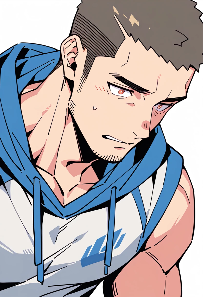 anime characters：Priapus, Muscle Sports Student, Buzz Cut, Manliness, male focus, Sports tight hooded sweatshirt, Very tight, full and perky chest muscles, muscular male, muscular, only, Upper body, alone, Black short hair, Thick eyebrows, stubble, Brown-red pupils, White background, simple background, amazing quality, best aesthetics, Ridiculous, crew cut, parted lips, flustered, endured face, negative space, best quality