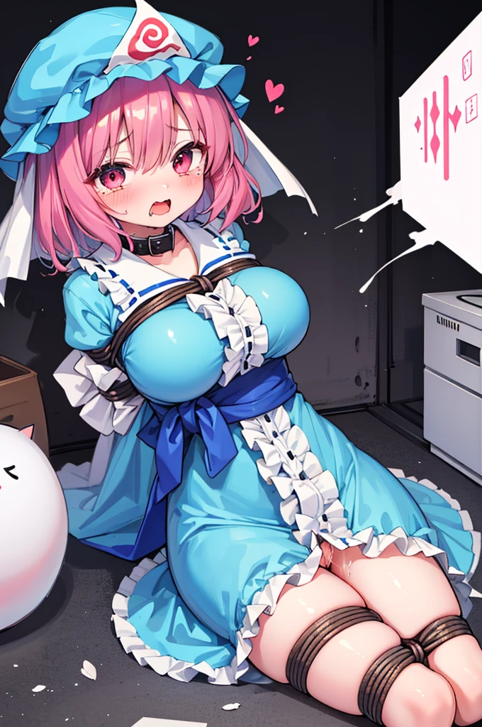 nsfw,((Masterpiece)),((high resolution)),((Best Quality)),Anime illustration,((1girl)),(SAIGYOUJI YUYUKO),Feeling embarrassed,blush,Are crying,Mouth open,15 years old,(Young),((loli)),baby face and big breasts,large breasts,(low length),(Short),orgasm,drunken eyes,Slave Collar ,pussy juice,BDSM,rope bondage,((arms behind back)),bound arms,bound breasts,restrained,