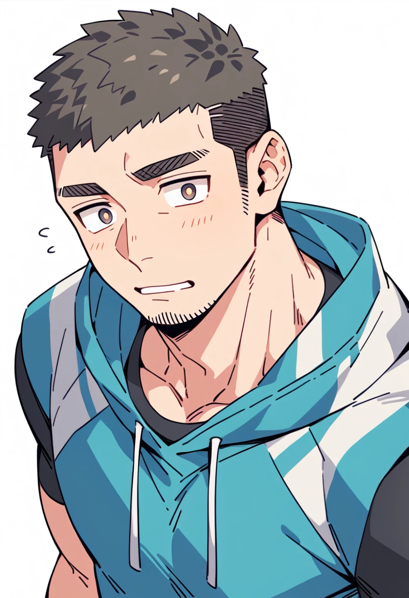 anime characters:Priapus, Muscle Sports Student, Buzz Cut, Manliness, male focus, Sports tight hooded sweatshirt, Very tight, full and perky chest muscles, muscular male, muscular, only, Upper body, alone, Black short hair, Thick eyebrows, stubble, Brown-red pupils, White background, simple background, amazing quality, best aesthetics, Ridiculous, crew cut, parted lips, flustered, endured face, negative space, best quality